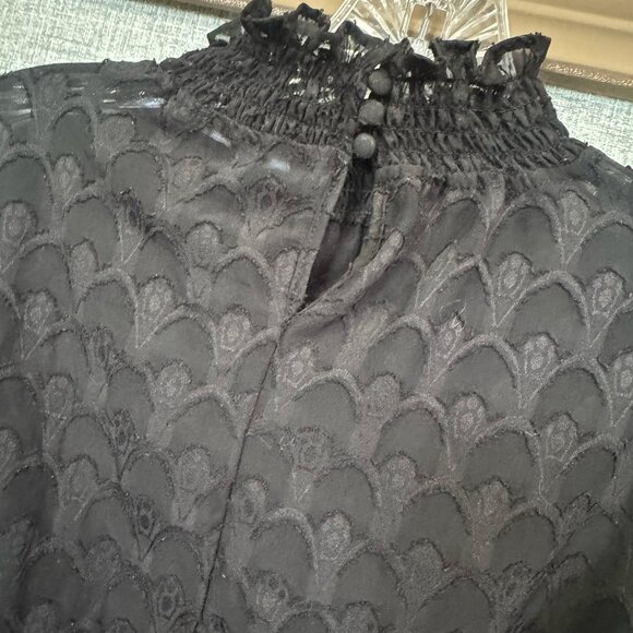 Black Lace Smocked Ruffle Mock Neck Blouse | Statement Top - Picture 4 of 6